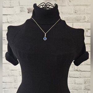 Silver Tone Necklace w/ Sapphire Blue CZ Teardrop Pendant